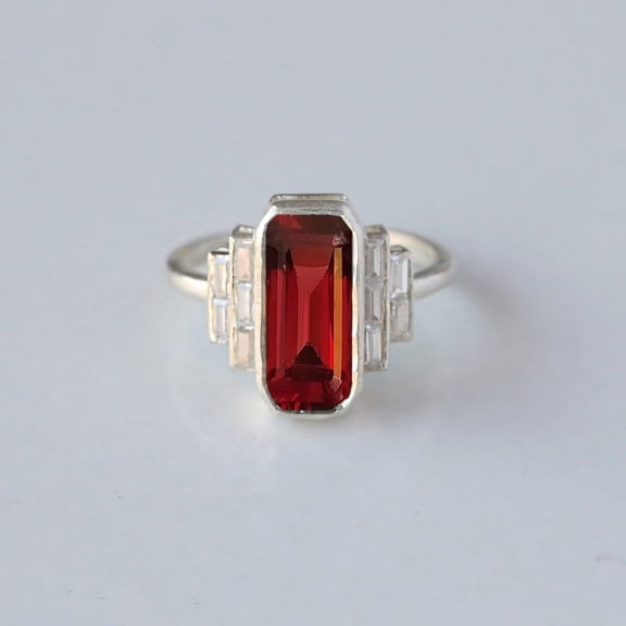925 Sterling Silver Long Garnet Ring, Octagon Garnet & Baguette Diamond Ring, Art Deco Statement Ring, Large Ring, Party Wear Ring