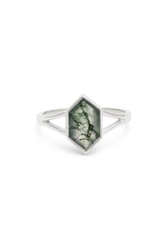 925 Sterling Silver Long Hexagon Moss Agate Ring