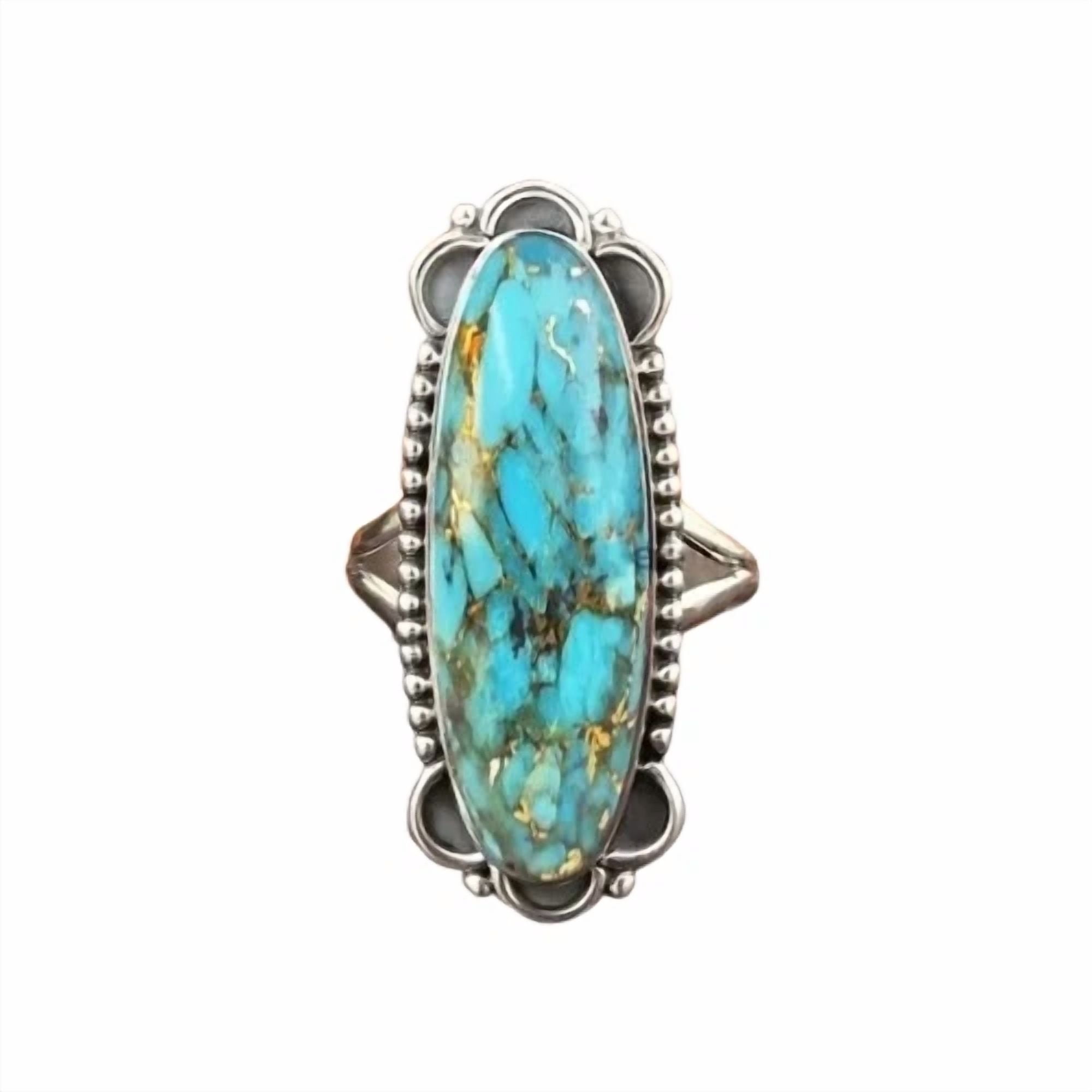 925 Sterling Silver Long Oval Turquoise Gemstone Women’s Ring – Boho ...