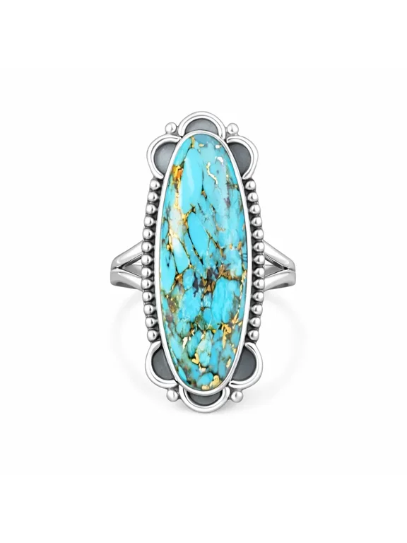 925 Sterling Silver Plated Natural Blue Copper Turquoise Ring for Women Handmade Vintage Boho Statement Oval Gemstone Ring Size 8