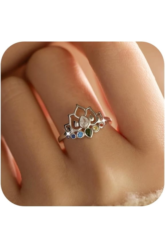925 Sterling Silver Lotus Flower Rings for Women Promise Ring for Her Self Love Ring Comfort Fit Healing Rainbow CZ Ring Yoga Lover Wedding Band Birthday Christmas Gifts