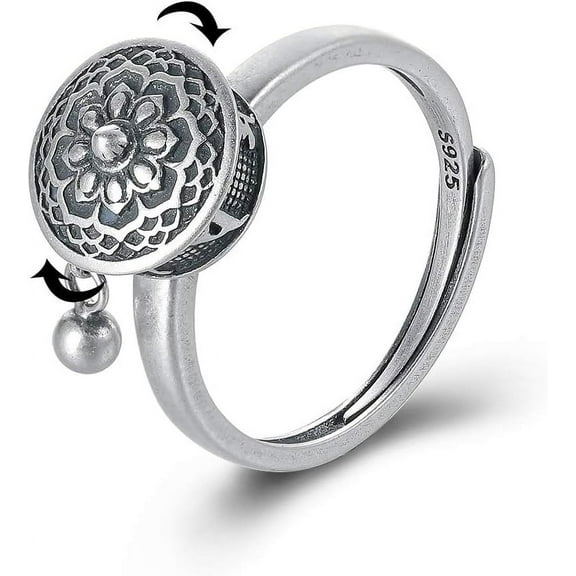 925 Sterling Silver Lotus Rotating Fidget Rings for Women Mom 14k Gold Plated Good Luck Buddhist Tibetan Prayer Wheel Anxiety Spinner Ring Adjustable Relieving Stress Ring Jewelry Gifts