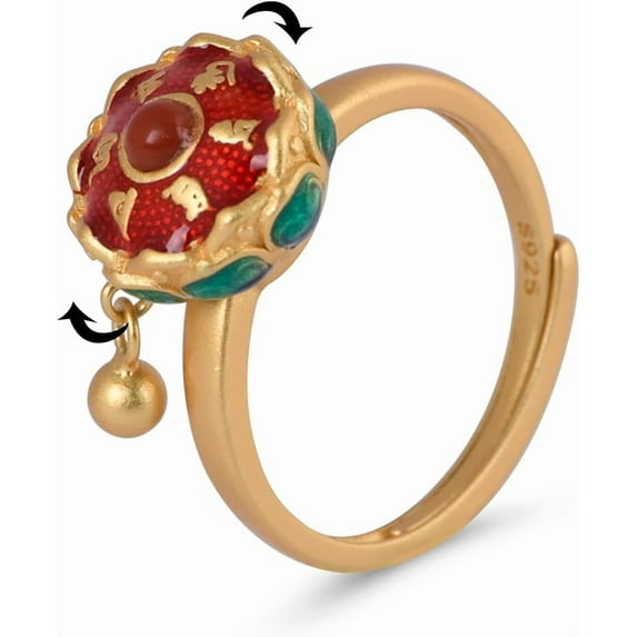 925 Sterling Silver Lotus Rotating Fidget Rings for Women Mom 14k Gold Plated Good Luck Buddhist Tibetan Prayer Wheel Anxiety Spinner Ring Adjustable Relieving Stress Ring Jewelry Gifts