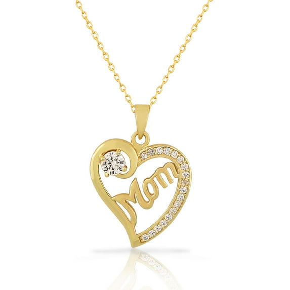 925 Sterling Silver Love Heart Mom Mother White CZ Pendant Necklace