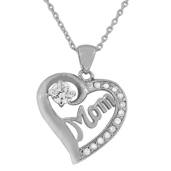 925 Sterling Silver Love Heart Mom Mother White Cubic Zirconia Pendant Necklace