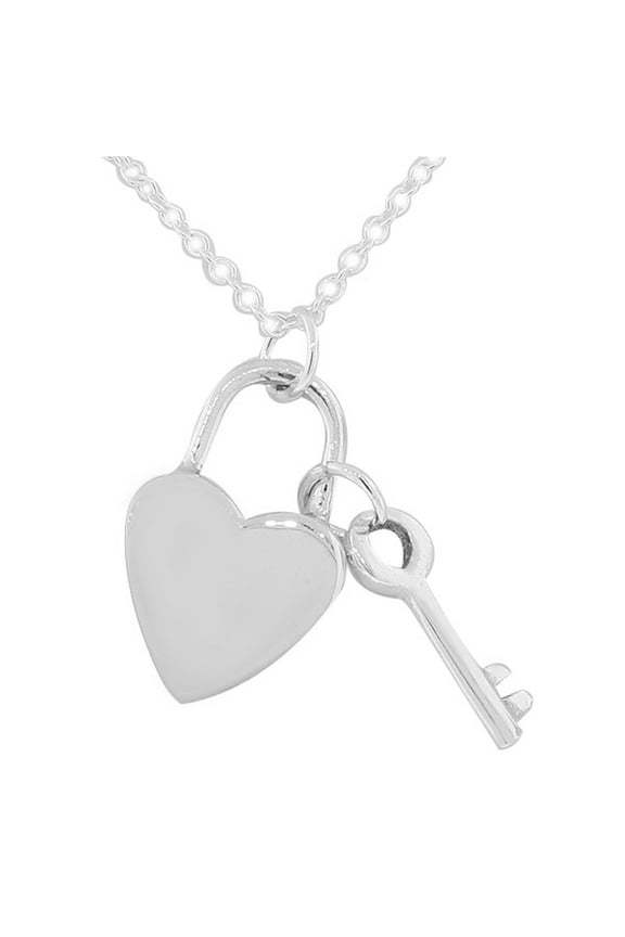 925 Sterling Silver Love Heart Padlock Key Pendant Necklace