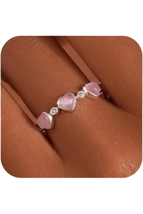 925 Sterling Silver Love Heart Ring with Pink Stone for Women Daughter Cute Cat's Eye Stone Adujustable Open Ring Y2K Stackable Statement Ring Wedding Jewelry Birthday Gifts for Friends