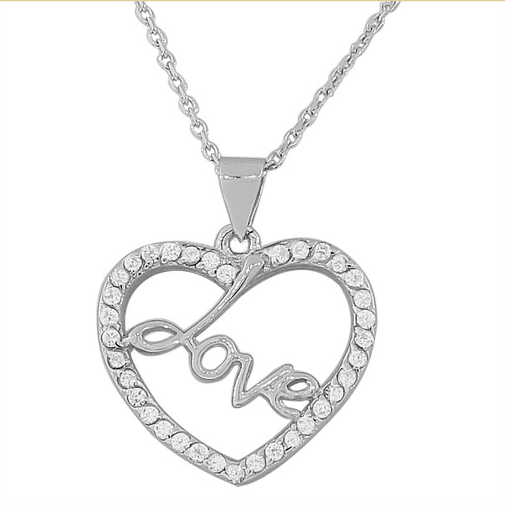 925 Sterling Silver Love Heart White CZ Pendant Necklace with