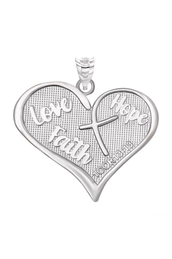 .925 Sterling Silver Love, Hope, Faith Prayer Bible Verse 1 Cor 13:13 Textured Cross Heart Pendant Necklace (Pendant only)