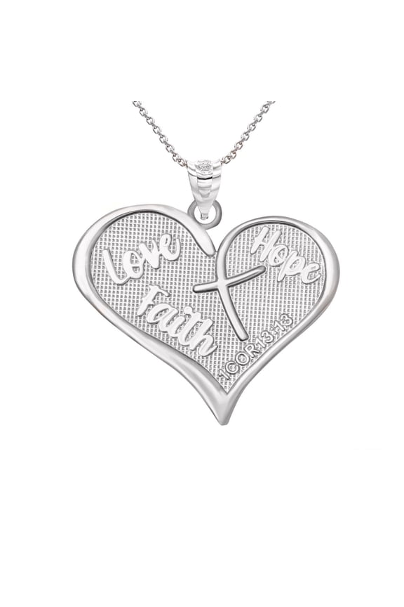 .925 Sterling Silver Love, Hope, Faith Prayer Bible Verse 1 Cor 13:13 Textured Cross Heart Pendant Necklace (Pendant with 18" chain)