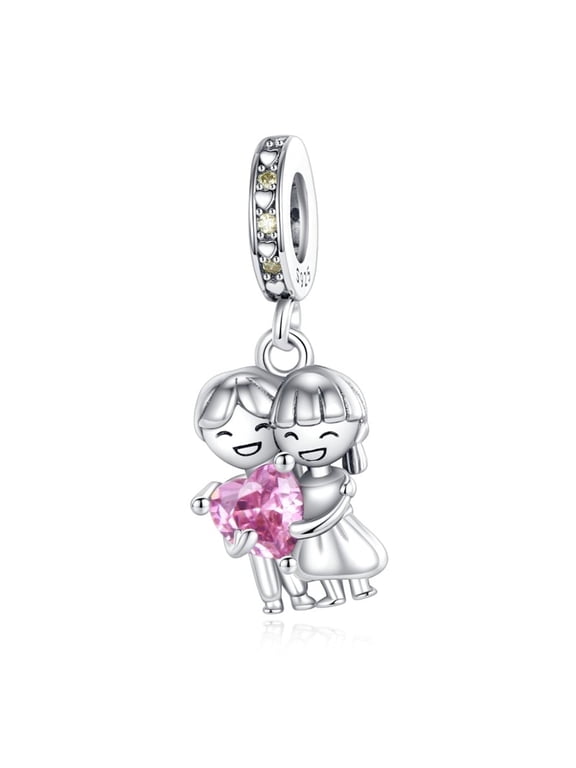 Sterling Silver Pink Heart Dangle Bracelet Charm, Includes Cleaning Cloth