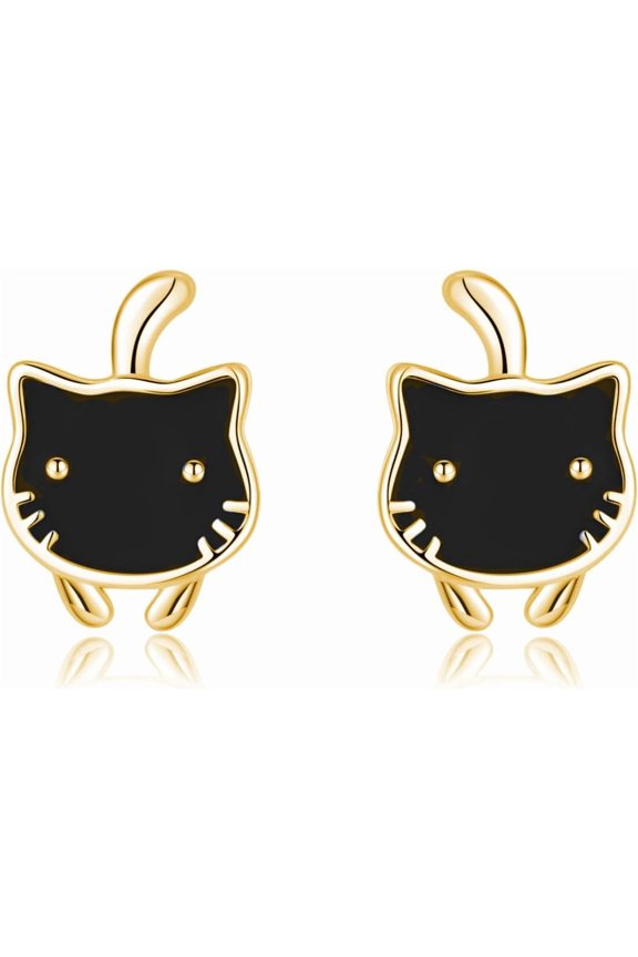 925 Sterling Silver Lovely Black Cat Earrings Studs for Women Teens Cat Studs Earrings for Cat Lovers