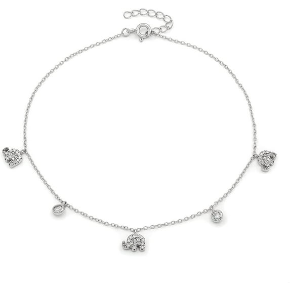 .925 Sterling Silver Lucky Elephant Charm Anklet, Micro Pave Ankle Bracelet, Giorgio Bergamo Silver