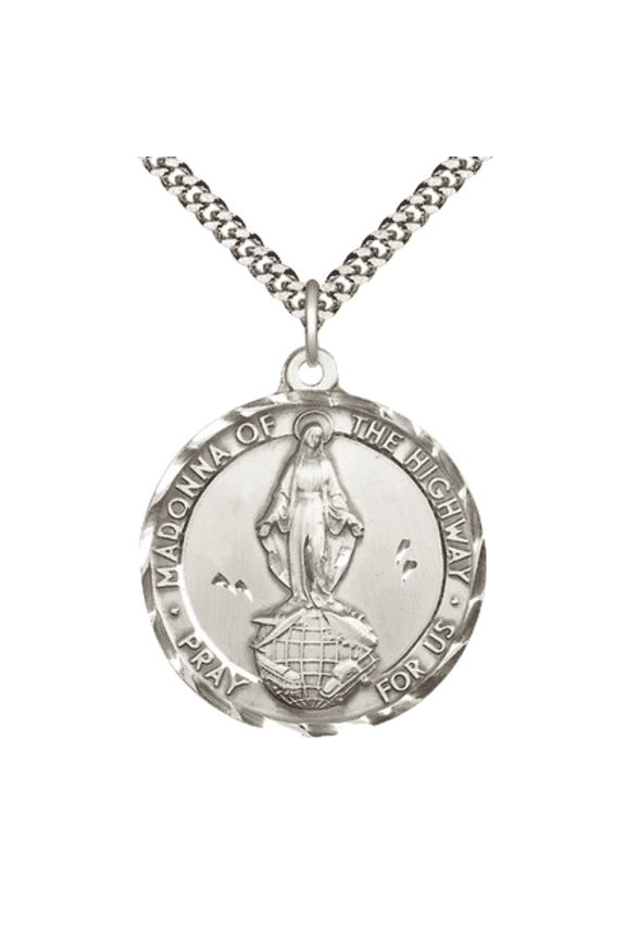 .925 Sterling Silver Madonna of the Highway Medal Pendant on 24 Inch Endless Rhodium Plated Heavy Curb Chain -Catholic Religious Necklace Made in USA,Deluxe Velvet Gift Box