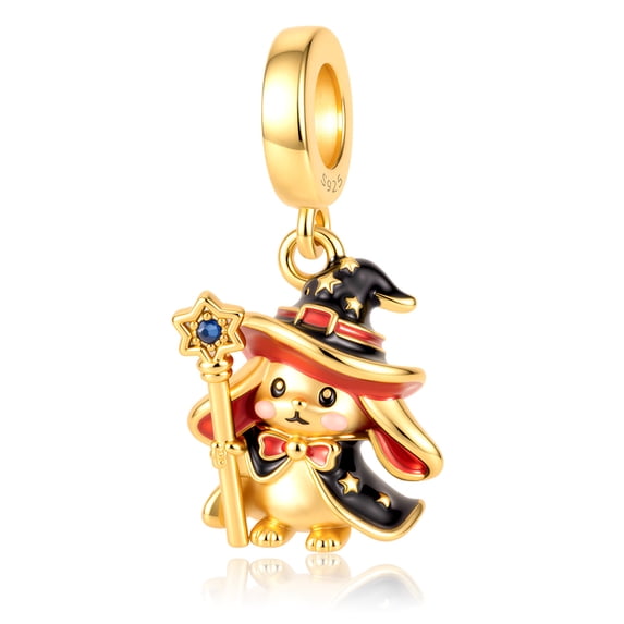 925 Sterling Silver Magic Witch Rabbit Dangle Charm in Gold-Tone, Halloween Wizard Bunny Bead Pendant for Bracelets, Holiday Jewelry Gifts for Women