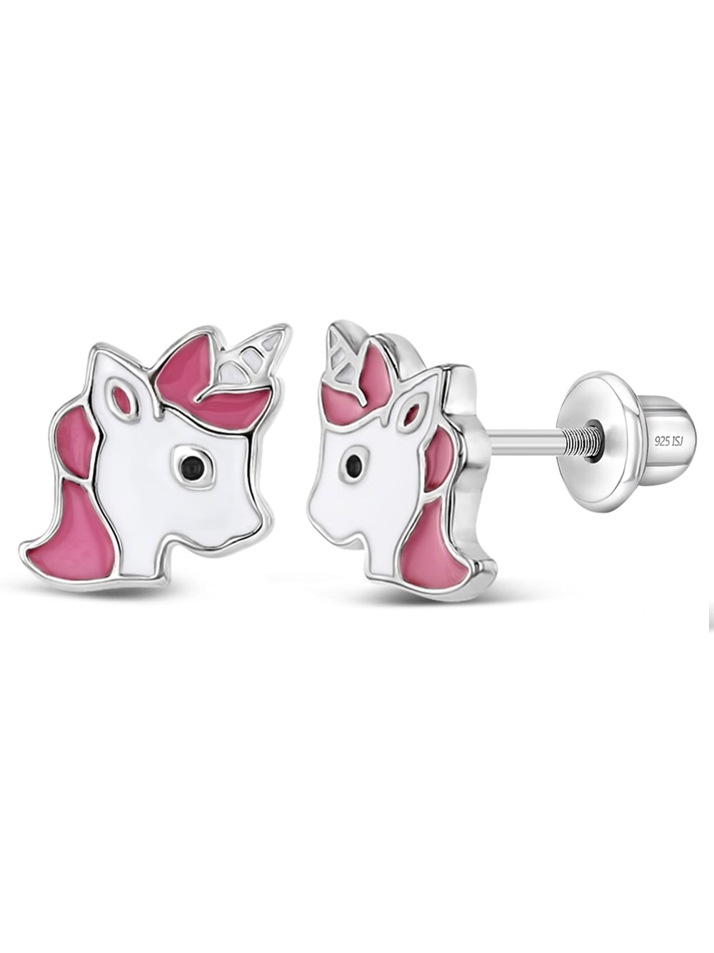 925 Sterling Silver Majestic Pink Enamel Unicorn Screw Back Earrings for Girls
