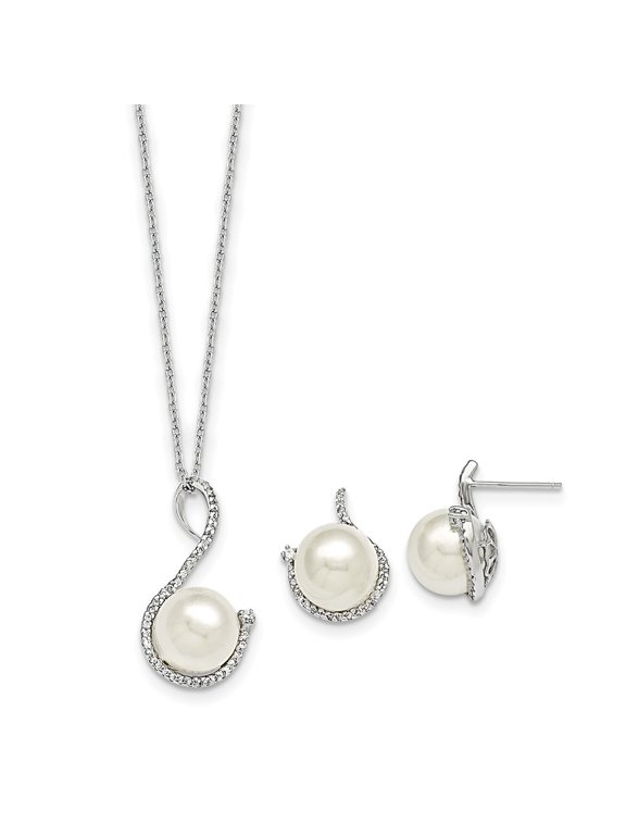 925 Sterling Silver Majestik Rhodium-Plated 10-12mm White Imitation Shell Pearl & Cubic Zirconia ( CZ ) Earring & Necklace Set