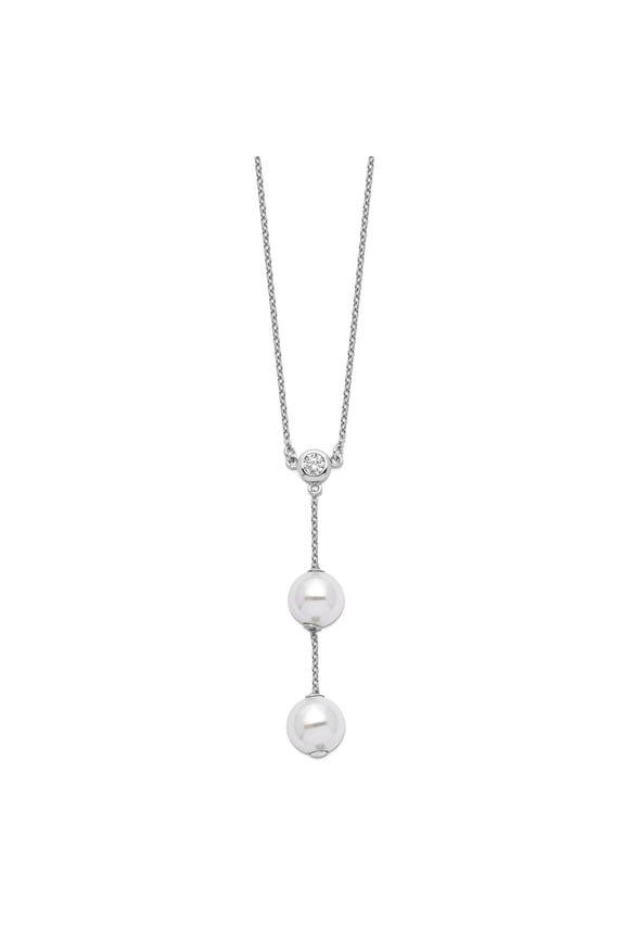925 Sterling Silver Majestik Rhodium Plated10-11mm White Imit. Shell Pearl CZ Y-drop Neck 18 Inch Pendant Necklace for W