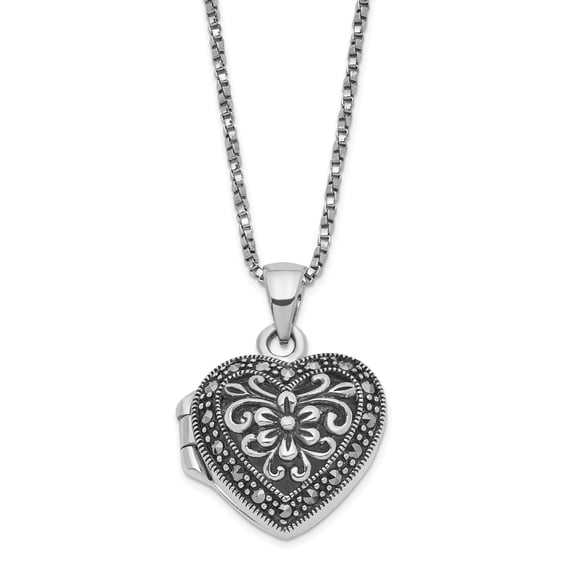 925 Sterling Silver Marcasite Heart Locket with Chain Necklace 18 Inch