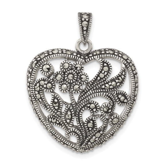 925 Sterling Silver Marcasite Heart Pendant Charm with Floral Filigree for Women