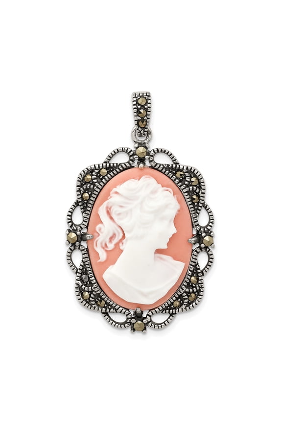 925 Sterling Silver Marcasite Plastic Cameo Shaped Pendant