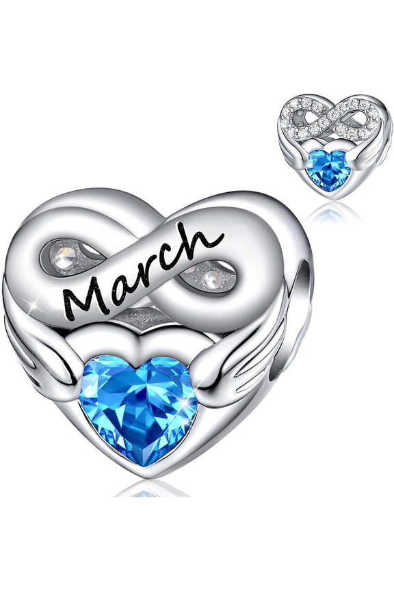 925 Sterling Silver March Angelwing Birthstone Heart Charm for Women Moment Charm Bracelet