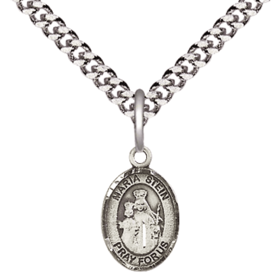 .925 Sterling Silver Maria Stein Medal Pendant on 24 Inch Endless Rhodium Plated Heavy Curb Brass Chain, Catholic Religious Necklace -Made in USA- Deluxe Velvet Gift Box
