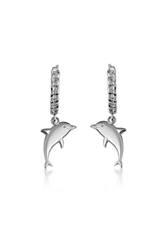 .925 Sterling Silver Marine Dolphin Cuban Link Huggie Earrings