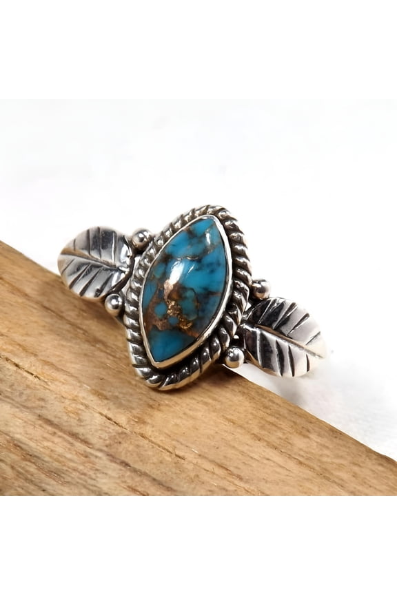 925 Sterling Silver Marquise Cut Retro Crack Turquoise Leaf Ring