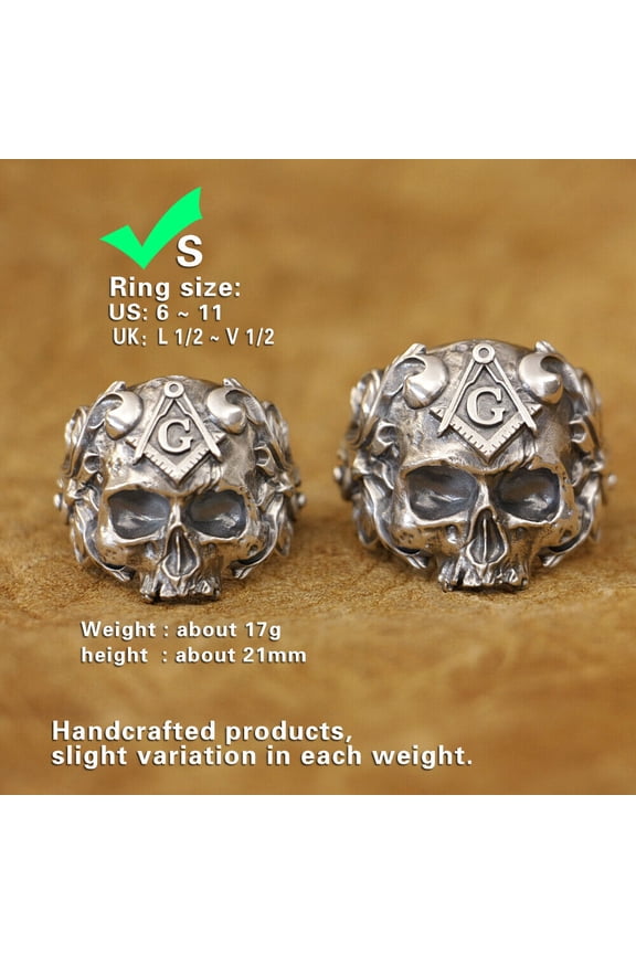 925 Sterling Silver Masonic Skull Punk Ring TA449 Small Model US Size 9