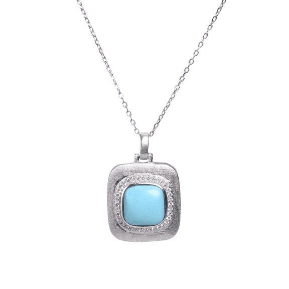 925 Sterling Silver Matte Square Turquoise Necklace, Square Turquoise Pendant Necklace with CZ Accents, Vintage Hypoallergenic Artistic Jewelry Gifts for Women