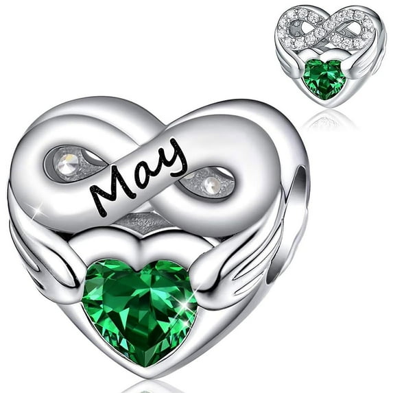 NINGAN 925 Sterling Silver May Angelwing Birthstone Heart Charm for Women Moment Charm Bracelet