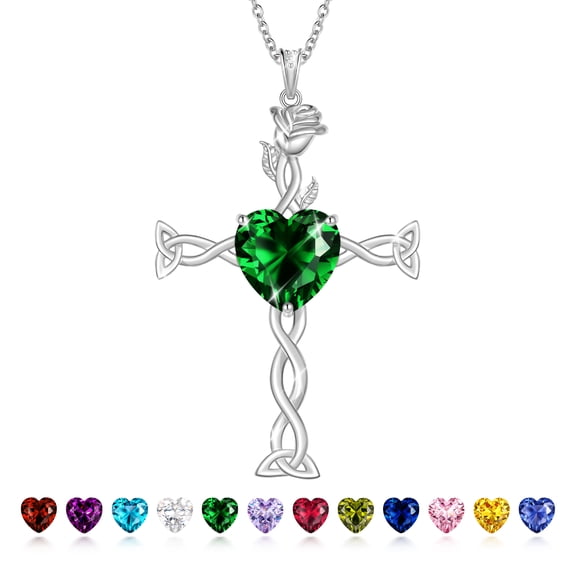Juwaliy 925 Sterling Silver Plated Celtic Cross Necklace for Women,May Birthstone Rose Flower Pendant Irish Jewelry Christmas Valentines Birthday Gift for Mother/Wife/Daughter