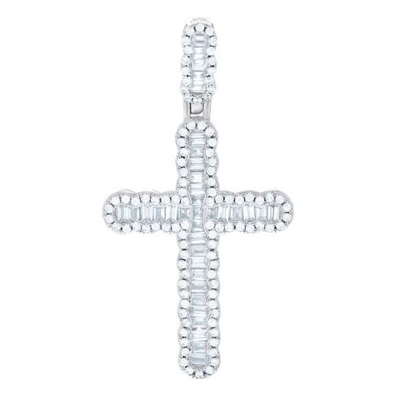 925 Sterling Silver Men Baguette Round Cubic Zirconia Cross Religious Charm Pendant 41.3x22mm Wide Necklace for Men