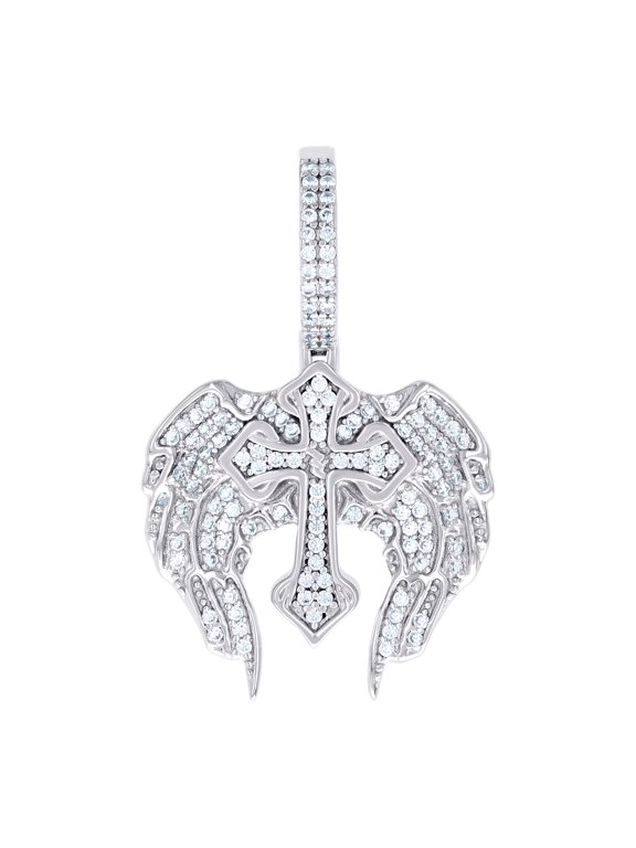 925 Sterling Silver Men Cubic Zirconia Wing Cross Religious Charm Pendant 35x21.9mm Wide Necklace for Men