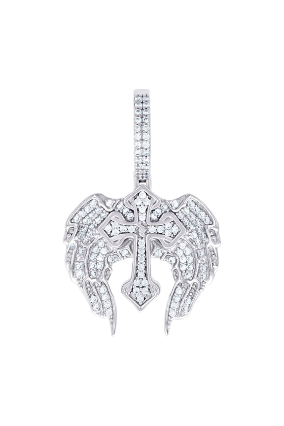 925 Sterling Silver Men Cubic Zirconia Wing Cross Religious Charm Pendant 35x21.9mm Wide Necklace for Men