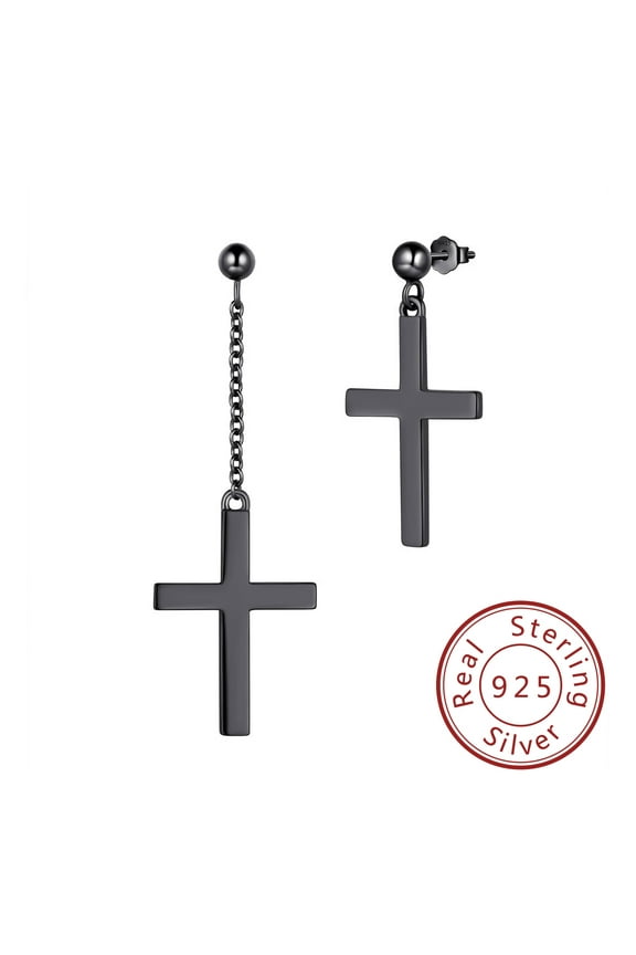 Asymmetric Cross Earrings Men Women 925 Sterling Silver Stud Dangle Earrings Black Gothic Punk Hip Hop Easter Christian Jewelry