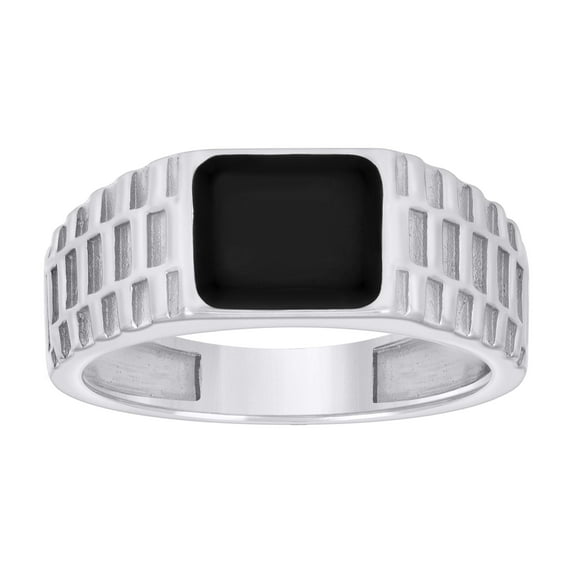 925 Sterling Silver Men's 8mm Grooved Black Enameled Square Pinky Ring | Size 10