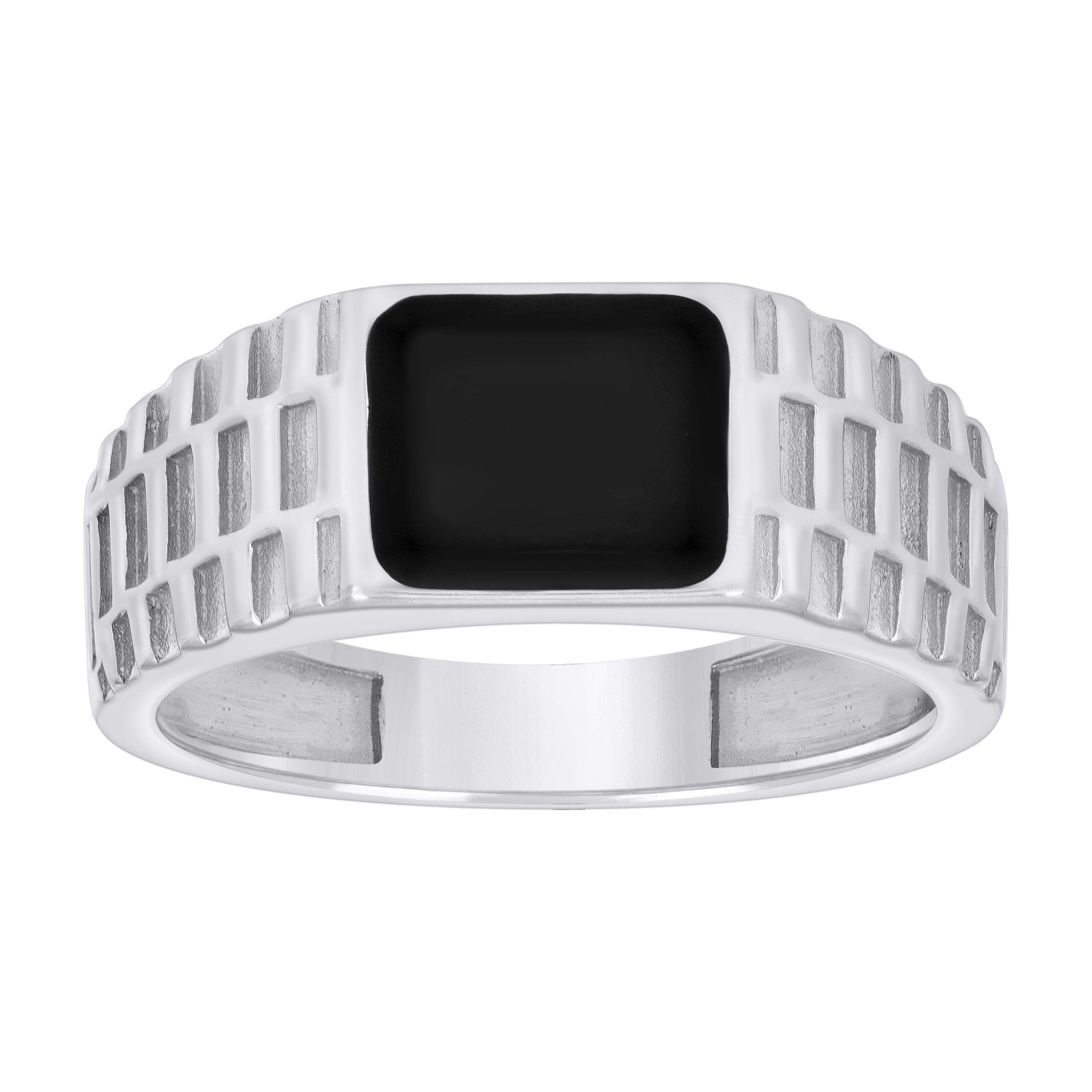 925 Sterling Silver Men's 8mm Grooved Black Enameled Square Pinky