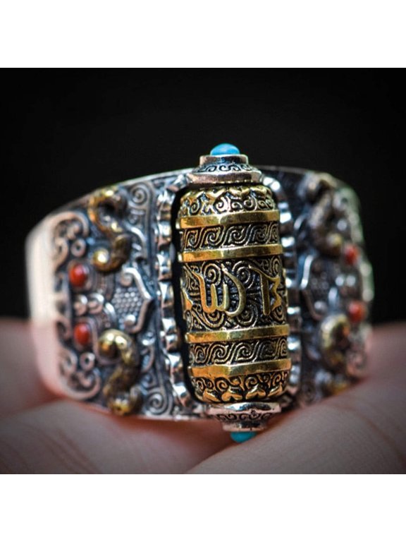 925 Sterling Silver Men's Buddhist Buddha Ring Good Fortune Mantra Statement Ring Turquoise Prayer Wheel Finger Ring