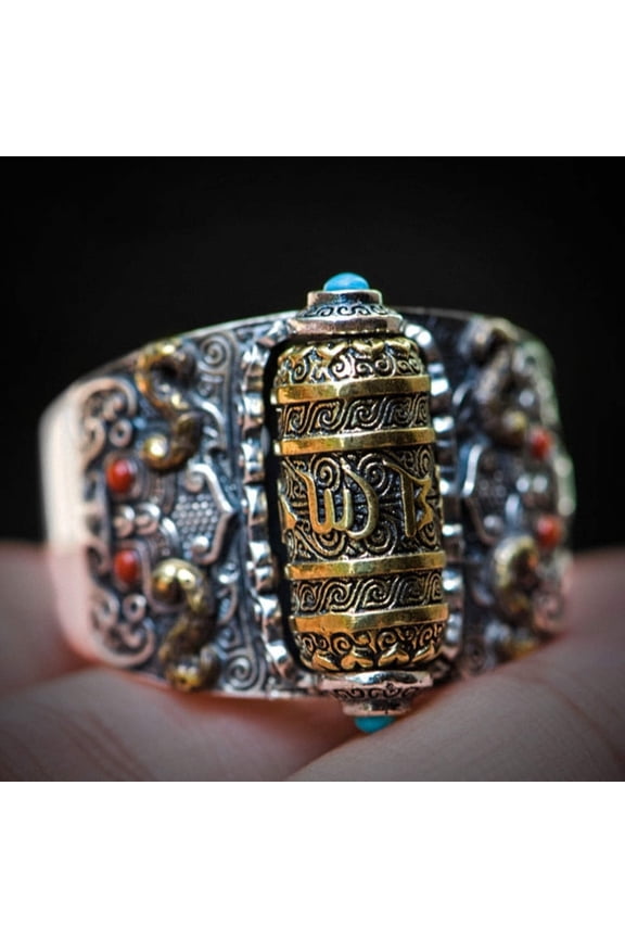 925 Sterling Silver Men's Buddhist Buddha Ring Good Fortune Mantra Statement Ring Turquoise Prayer Wheel Finger Ring