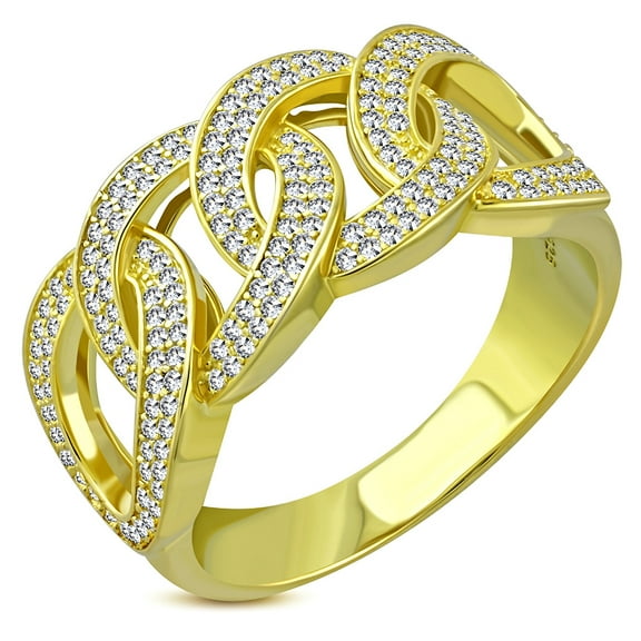 925 Sterling Silver Men's Gold-tone Micro Pave White CZ Stone Chain Link Design Band Ring