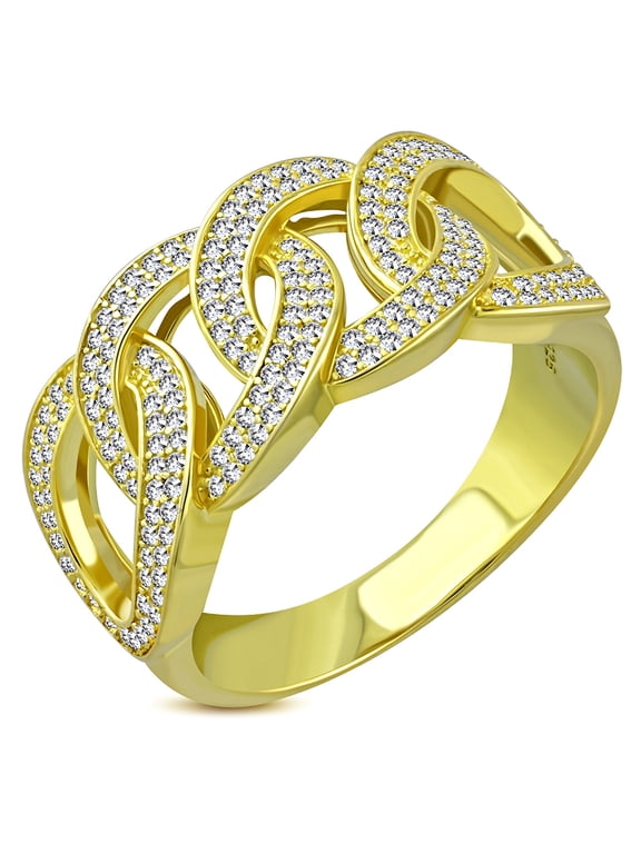 925 Sterling Silver Men's Gold-tone Micro Pave White CZ Stone Chain Link Design Band Ring