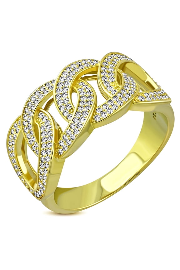 925 Sterling Silver Men's Gold-tone Micro Pave White CZ Stone Chain Link Design Band Ring Size 12