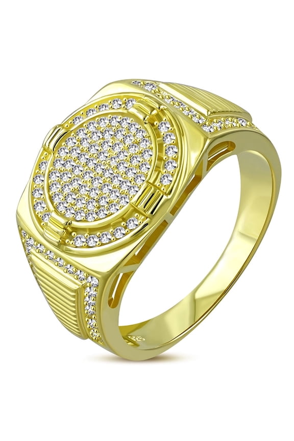 925 Sterling Silver Men's Gold-Tone Circular Signet Style Ring with CZ Stone Size 9
