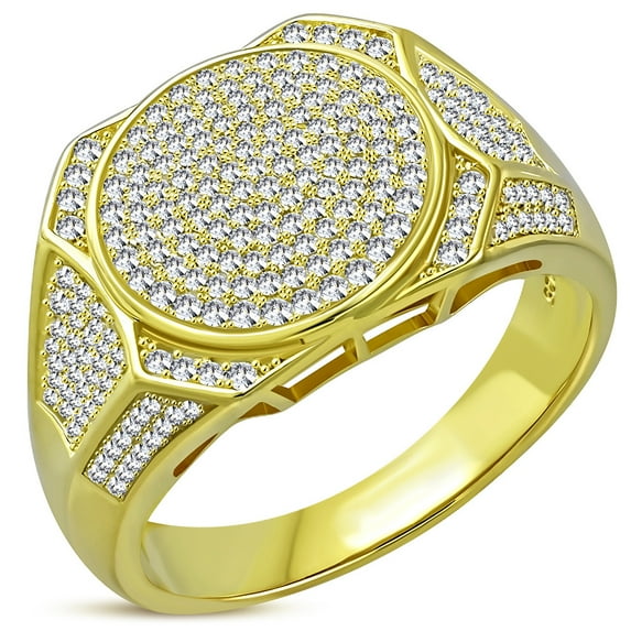 925 Sterling Silver Men's Gold-tone Micro Pave White CZ Stone Round Face Geometric Signet Style Ring