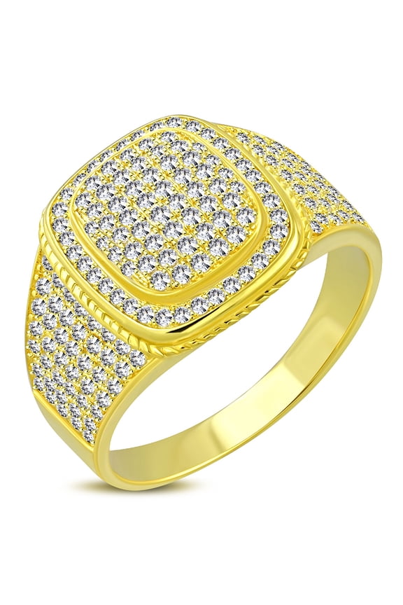 925 Sterling Silver Men's Gold-tone Micro Pave White CZ Stone Rounded Edge Square Layered Signet Style Ring
