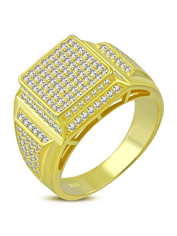925 Sterling Silver Men's Gold-tone Micro Pave White CZ Stone Square Pyramid-Style Signet Style Ring