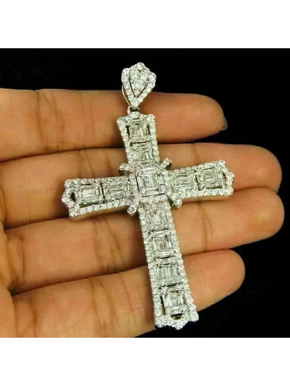 925 Sterling Silver Men's Large Cross Pendant, White Gold-Plated, Baguette and Round CZ, 5.16 CT