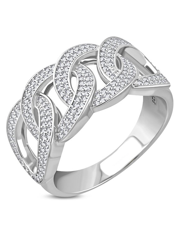 925 Sterling Silver Men's Silver-tone Micro Pave White CZ Stone Chain Link Design Band Ring